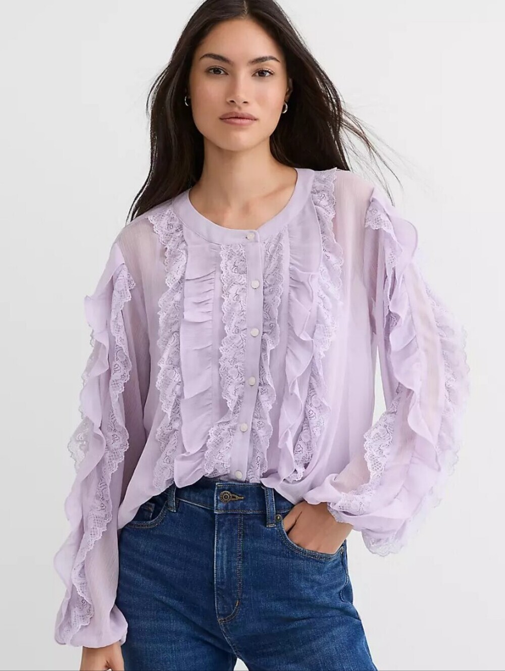 Loft Long Sleeve Sheer Chiffon Shirt Ruffle Lace Women Blouse Lavender Sz XL New